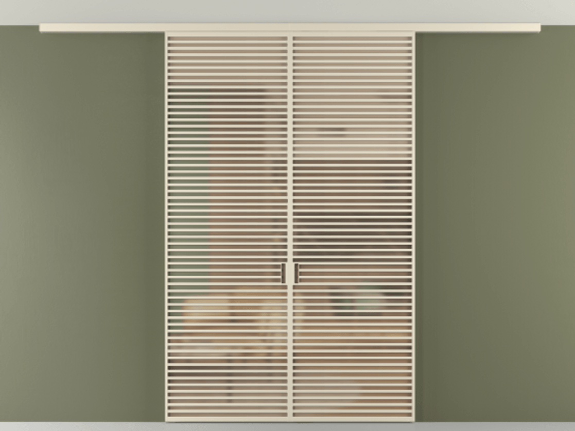 Межкомнатная дверь New Перегородка Formato вдоль стены на потолок двустворчатая АЛПР 040.07 Алюминий бежево-серый Сатинированное оранжевое стекло, триплекс Цена 19600  | Volhovec