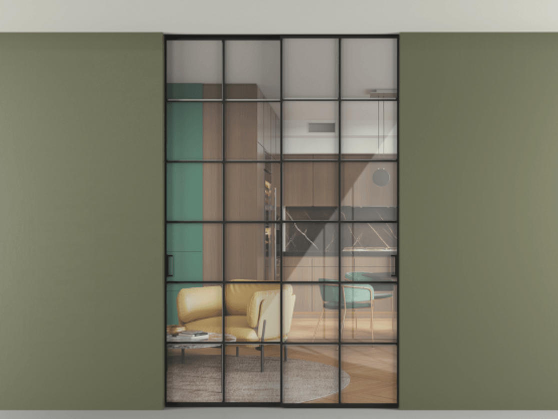 Перегородка Формато внутри проёма скрытое крепление в потолок 2 створки АЛПР 040.05 Алюминий Черный Рефлективное прозрачное стекло "Стопсол", калёное Цена 16780 Br | Volhovec