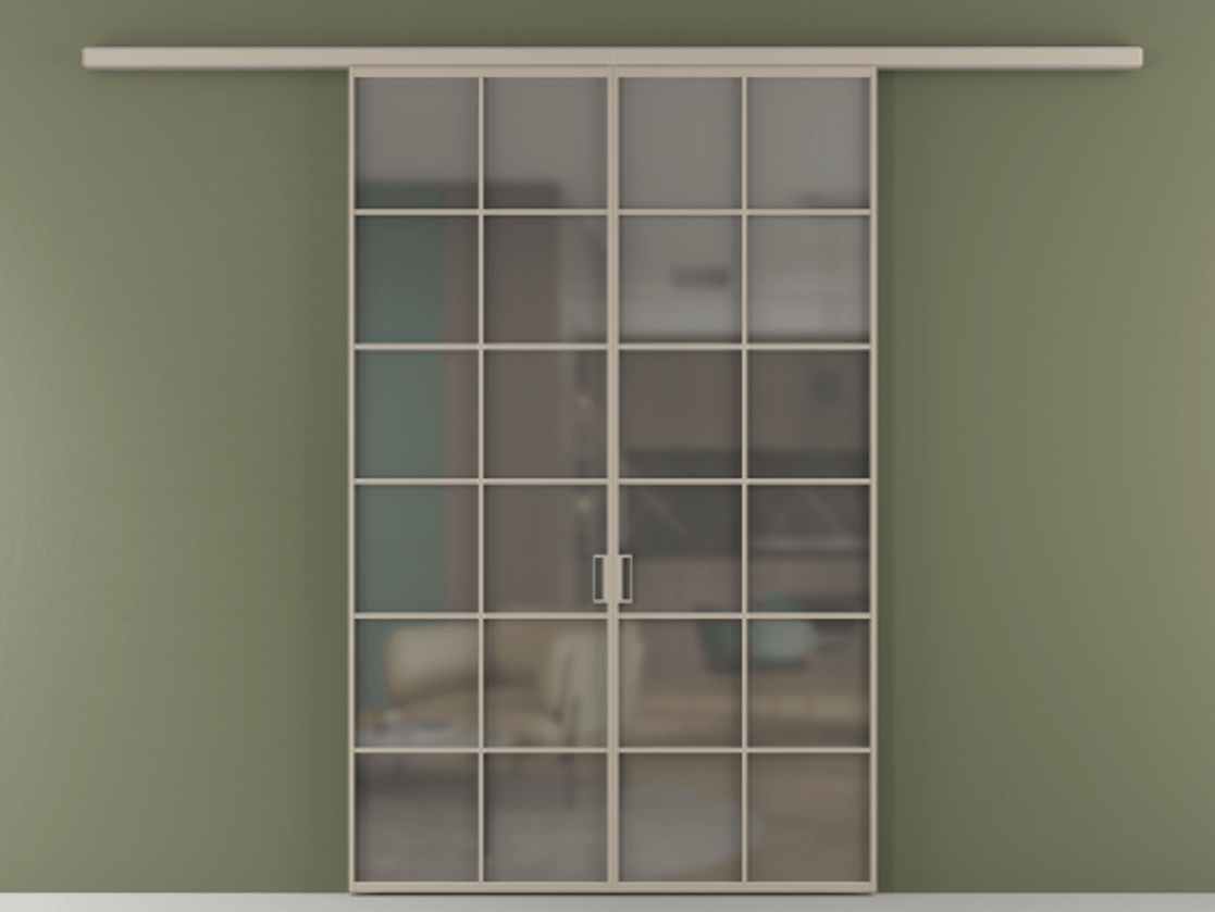 Перегородка Формато вдоль стены 2 створки АЛПР 040.05 Алюминий бисквитный Сатинированное серое стекло, триплекс Цена 11080 Br | Volhovec