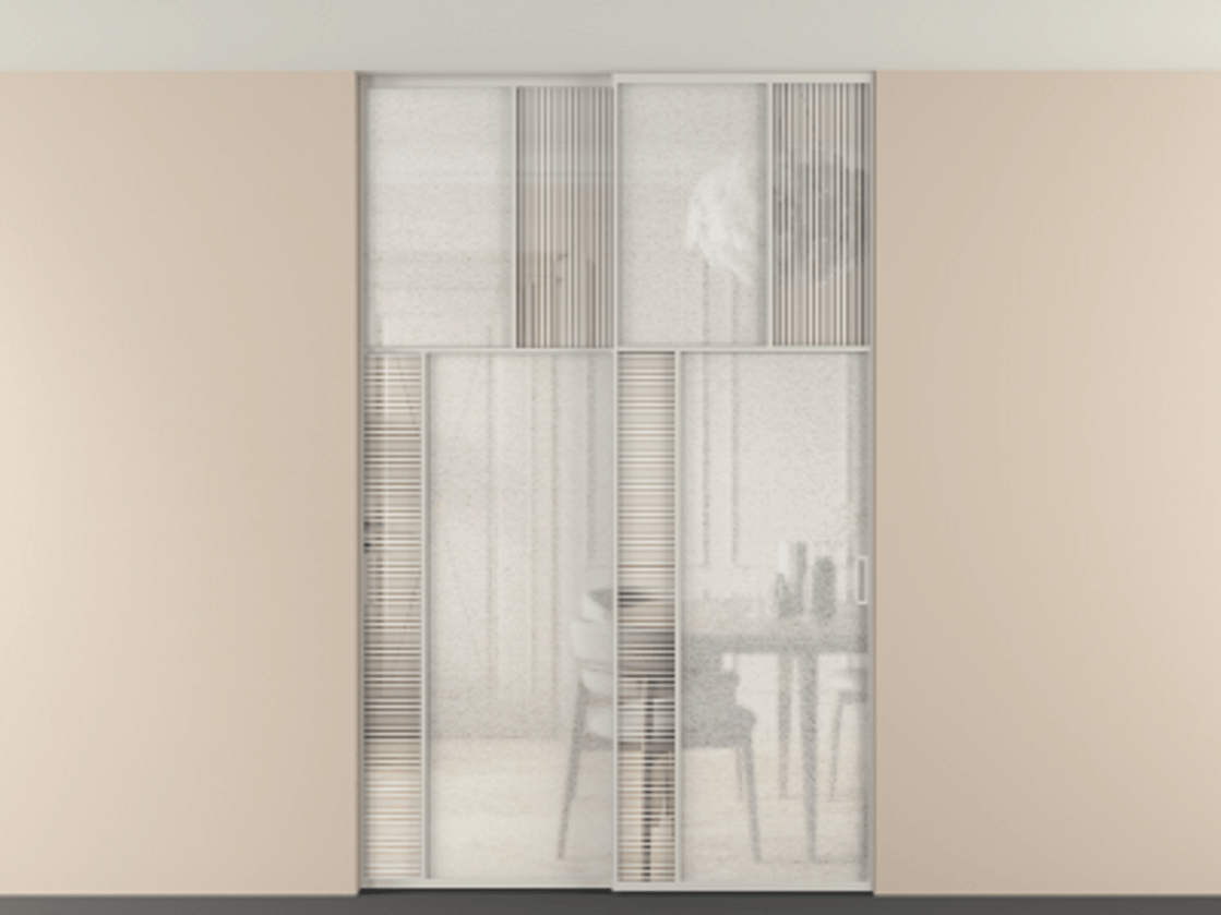 Перегородка Mosaic внутри проёма скрытое крепление в потолок 2 створки АЛПР 041.22 Алюминий тёплый серый Рифлёное стекло "Дюна", триплекс, 6 мм + Фактурное стекло "Лёд", триплекс Цена 18210 Br | Volhovec