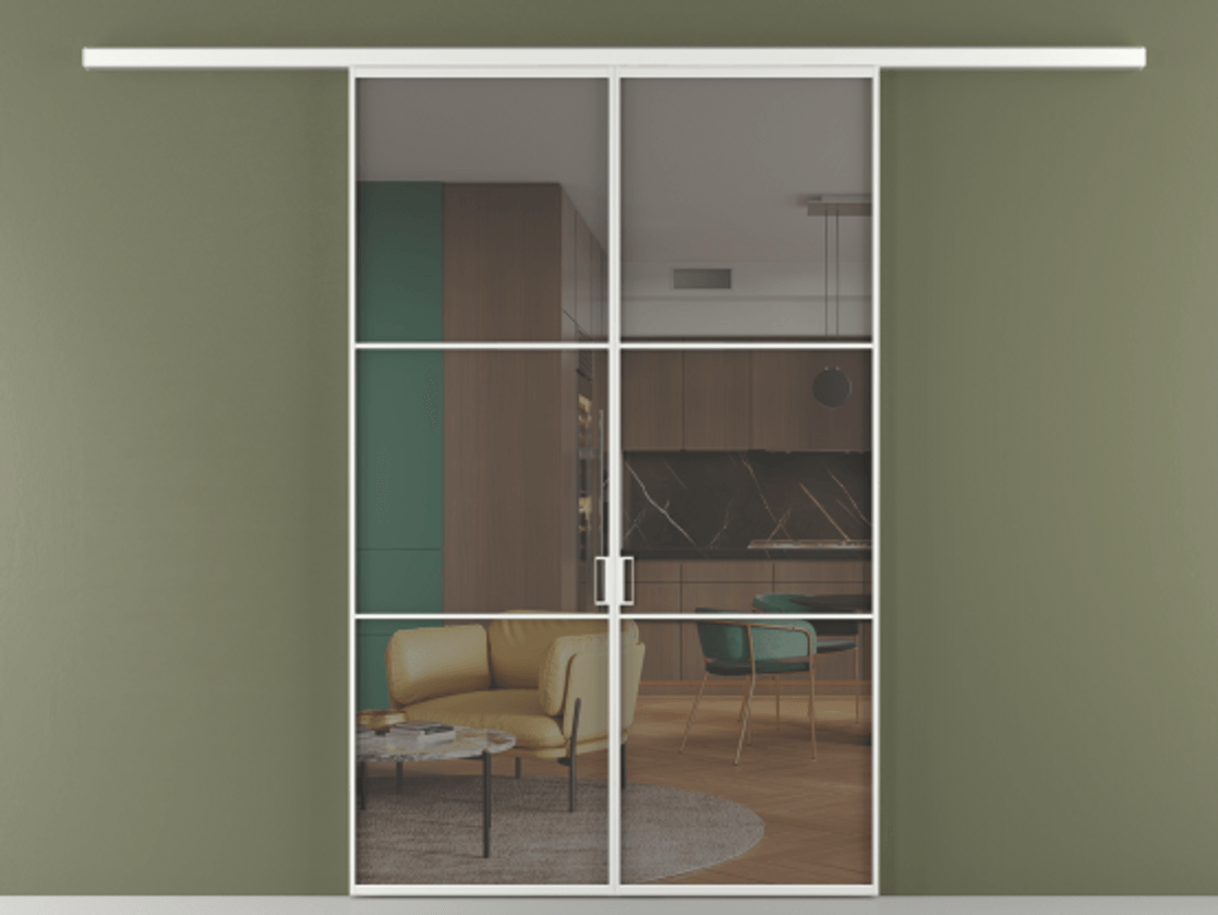 Перегородка Формато вдоль стены 2 створки АЛПР 040.03 Алюминий белоснежный Прозрачное серое стекло, триплекс Цена 10450 Br | Volhovec