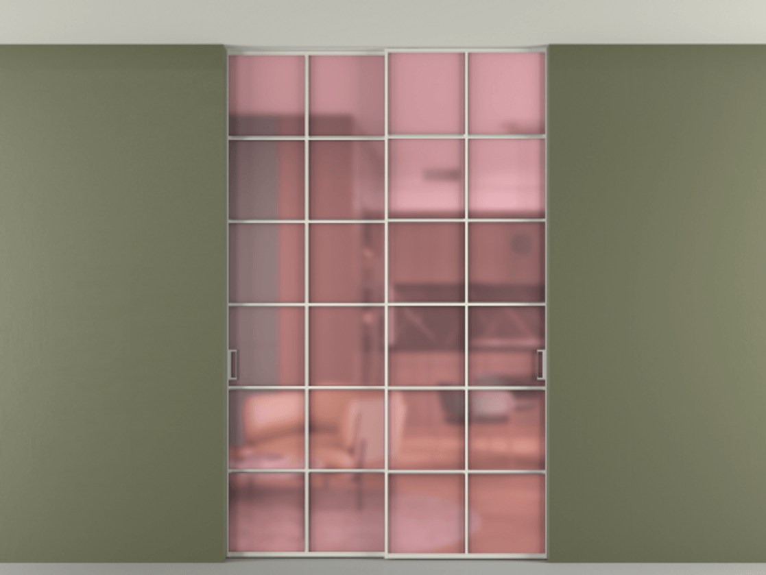 Перегородка Formato внутри проёма двустворчатая со скрытым креплением в потолок АЛПР 040.05 Алюминий Белый Сатинированное розовое стекло, триплекс Цена 14100 Br | Volhovec