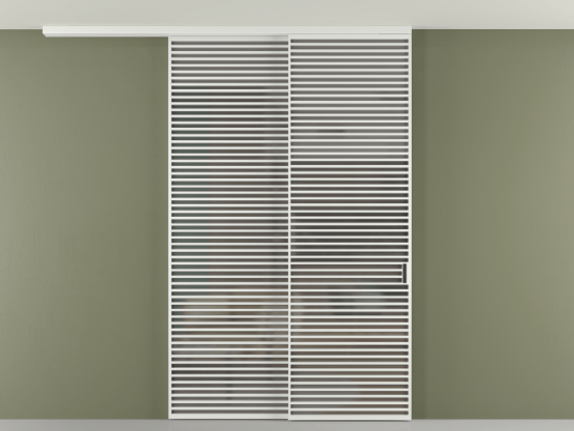 Перегородка Формато вдоль стены на потолок 2 створки с синхронным механизмом АЛПР 040.07 Алюминий белоснежный Сатинированное серое стекло, триплекс Цена 23070 Br | Volhovec