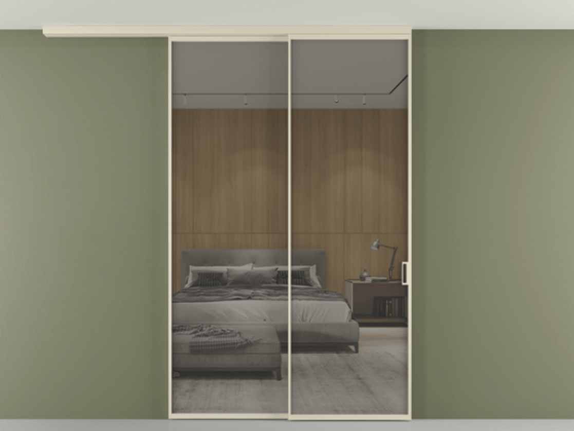 Перегородка Формато вдоль стены на потолок 2 створки с синхронным механизмом АЛПР 040.01 Алюминий бежево-серый Рефлективное серое стекло "Стопсол", калёное Цена 16850 Br | Volhovec