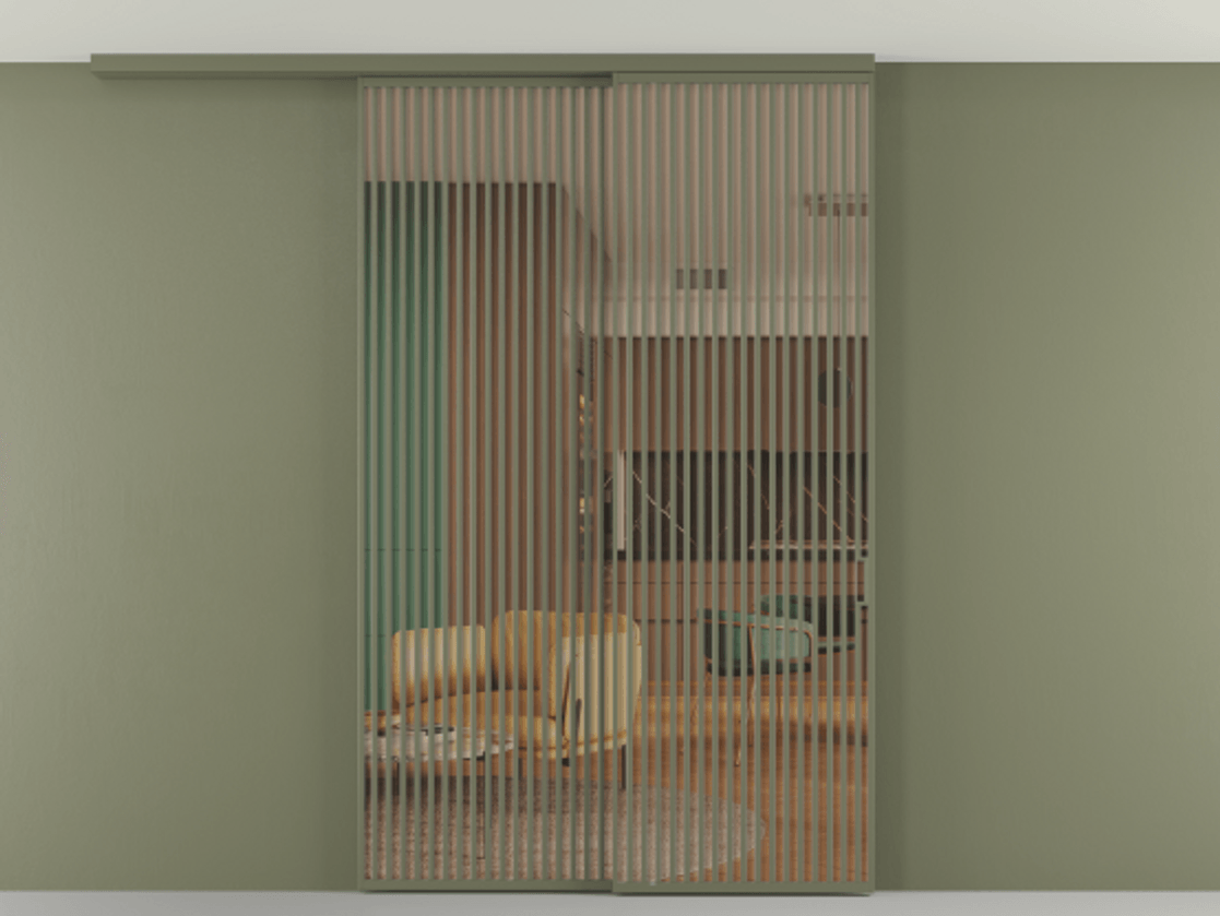 Перегородка Formato вдоль стены на потолок 2 створки с синхронным механизмом АЛПР 040.06 Алюминий оливковый тёмный Прозрачное оранжевое стекло, триплекс Цена 24100 Br | Volhovec