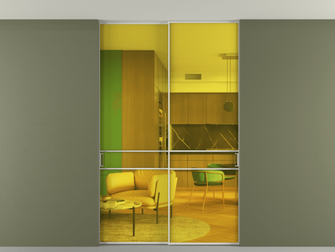 Перегородка Формато внутри проёма скрытое крепление в потолок 2 створки АЛПР 040.02 Алюминий Белый Прозрачное жёлтое стекло, триплекс Цена 13000 Br | Volhovec