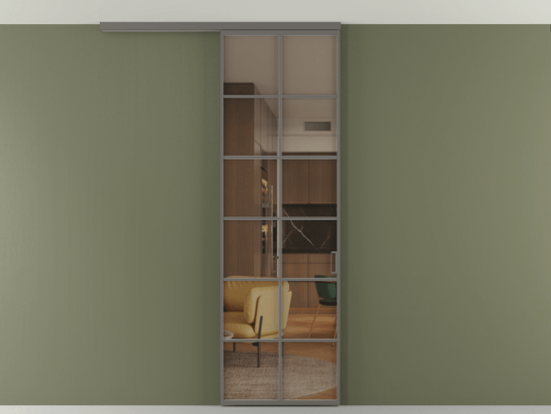 Перегородка Формато вдоль стены на потолок 1 створка АЛПР 040.05 Алюминий классический серый Прозрачное бронзовое стекло, триплекс Цена 5520 Br | Volhovec