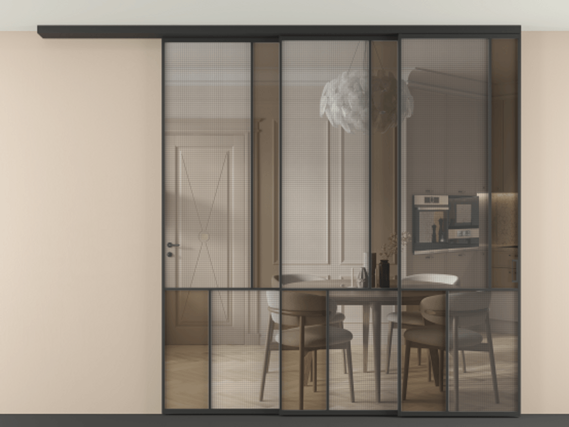 Перегородка Mosaic вдоль стены телескопик синхро 3 АЛПР 041.21 Алюминий Черный Mesh silver + Бронза прозрачное триплекс Цена 24900 Br | Volhovec