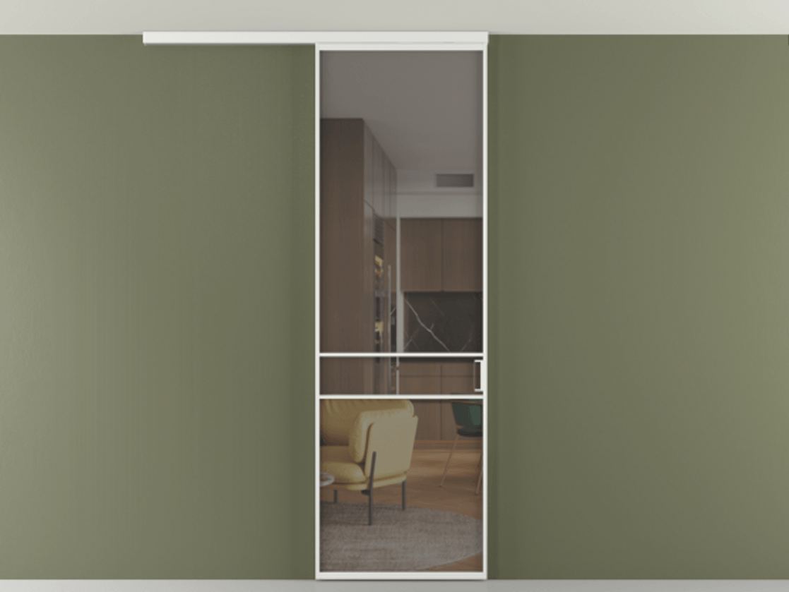 Перегородка Формато вдоль стены на потолок 1 створка АЛПР 040.02 Алюминий белоснежный Прозрачное серое стекло, триплекс Цена 5400 Br | Volhovec