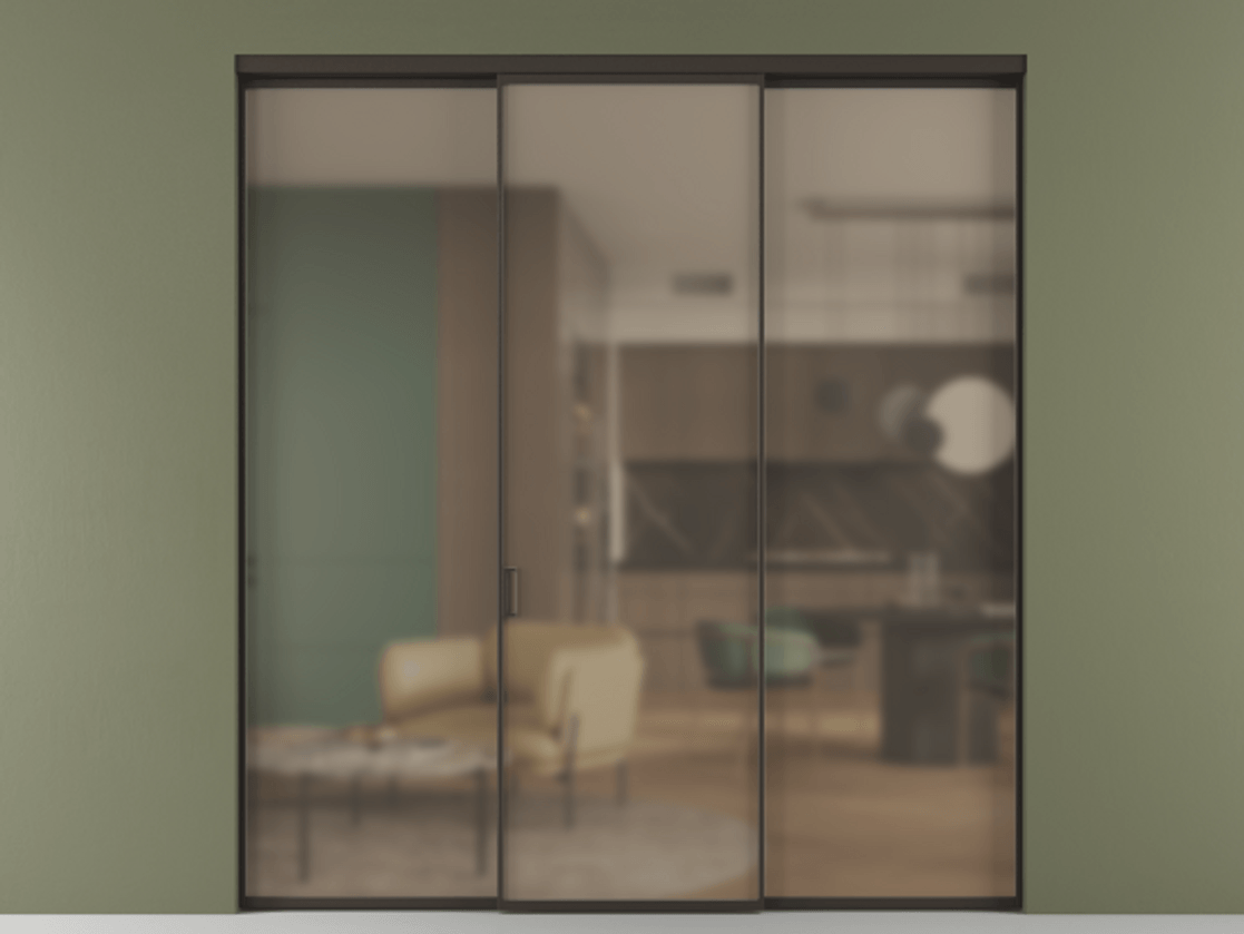 Перегородка Формато внутри проёма 3 створки АЛПР 040.01 Алюминий антрацит Сатинированное бронзовое стекло, триплекс Цена 12040 Br | Volhovec