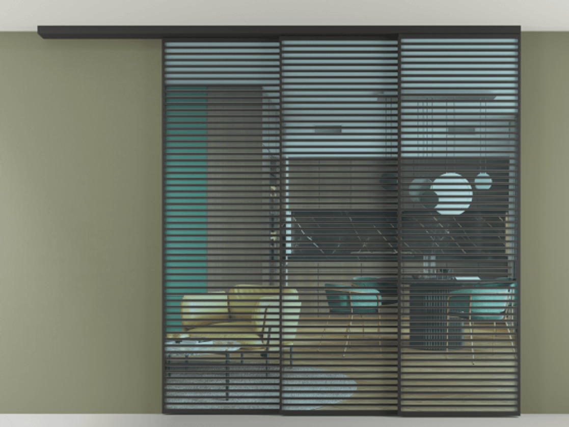 Перегородка Formato вдоль стены на потолок 3 створки с синхронным механизмом АЛПР 040.07 Алюминий Черный Прозрачное голубое стекло, триплекс Цена 33300 Br | Volhovec