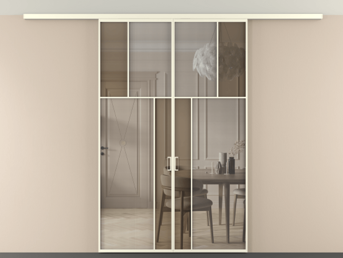 Перегородка Mosaic вдоль стены на потолок двустворчатая АЛПР 041.22 Алюминий молочно-белый Декоративное стекло с сеткой "Mesh silver", триплекс, 6 мм + Прозрачное бронзовое стекло, триплекс, 6 мм.  Цена 13900 Br . Фабрика дверей Волховец 8 (800) 551 43 19  Перегородка Mosaic вдоль стены на потолок двустворчатая АЛПР 041.22 Алюминий молочно-белый Декоративное стекло с сеткой "Mesh silver", триплекс, 6 мм + Прозрачное бронзовое стекло, триплекс, 6 мм Цена 13900 Br | Volhovec