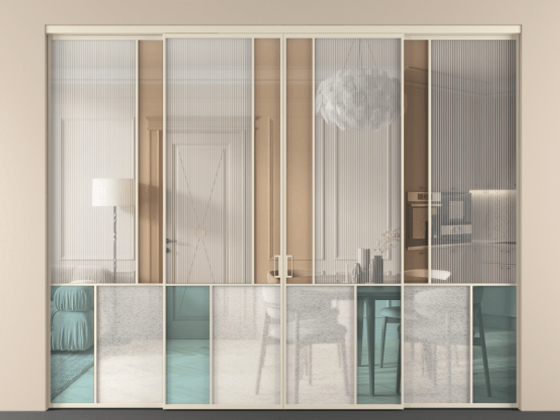 Перегородка Mosaic внутри проёма 4 створки АЛПР 041.20 Алюминий бежево-серый Комбинация стекол Группы 1 и Группы 3 Цена 25900 Br | Volhovec