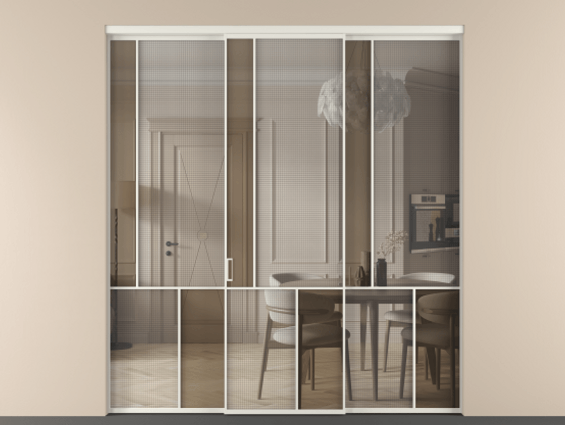 Перегородка Mosaic внутри проёма трёхстворчатая АЛПР 041.20 Алюминий Белый Mesh silver + Бронза прозрачное триплекс Цена 17680 Br | Volhovec