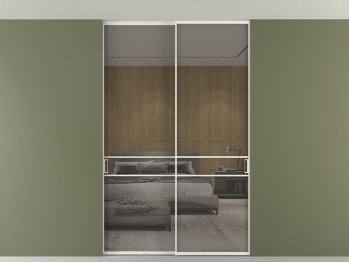 Перегородка Formato внутри проёма скрытое крепление в потолок 2 створки АЛПР 040.02 Алюминий светло-серый Рефлективное серое стекло "Stopsol", калёное Цена 16340 Br | Volhovec