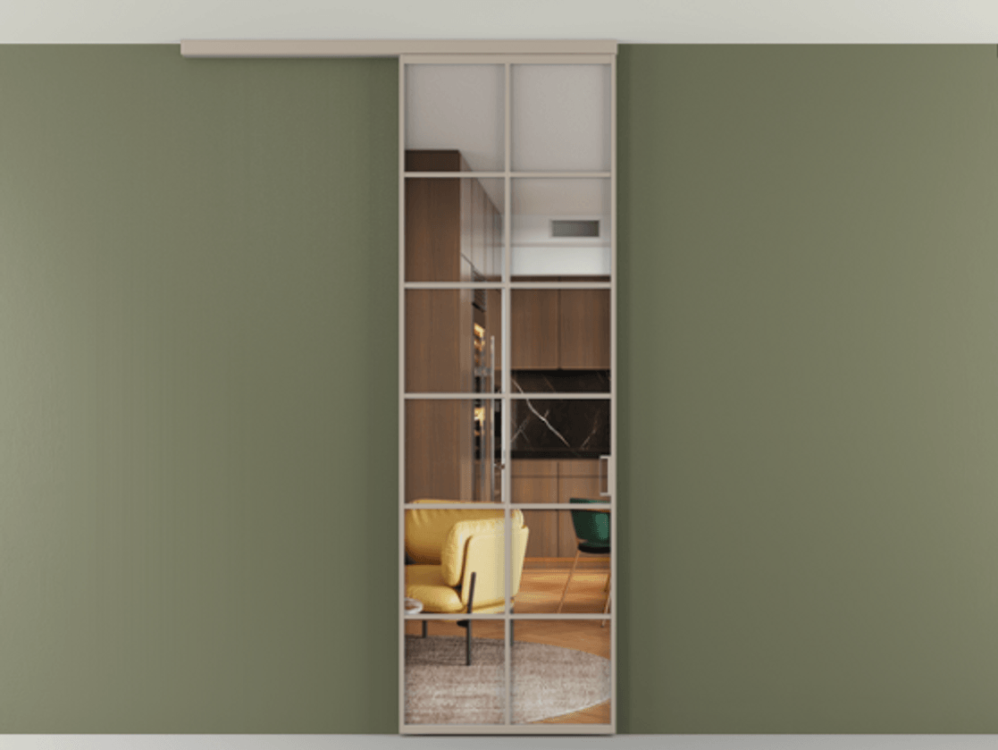 Перегородка Формато вдоль стены на потолок 1 створка АЛПР 040.05 Алюминий бисквитный Прозрачное стекло "Кристал Вижн", калёное Цена 7170 Br | Volhovec