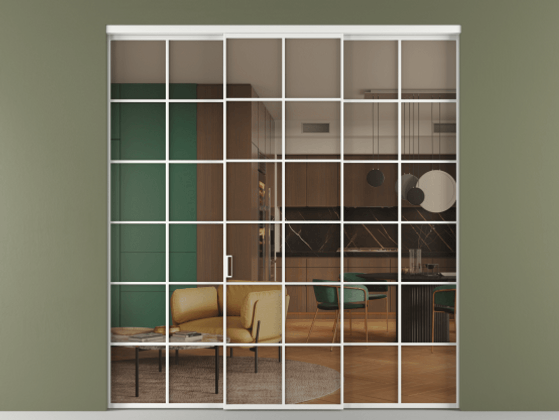 Перегородка Formato внутри проёма 3 створки АЛПР 040.05 Алюминий белоснежный Прозрачное бронзовое стекло, триплекс Цена 14290 Br | Volhovec