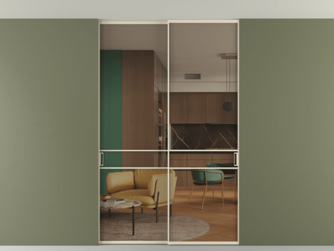 Перегородка Formato внутри проёма скрытое крепление в потолок 2 створки АЛПР 040.02 Алюминий бежево-серый Прозрачное бронзовое стекло, триплекс Цена 13710 Br | Volhovec