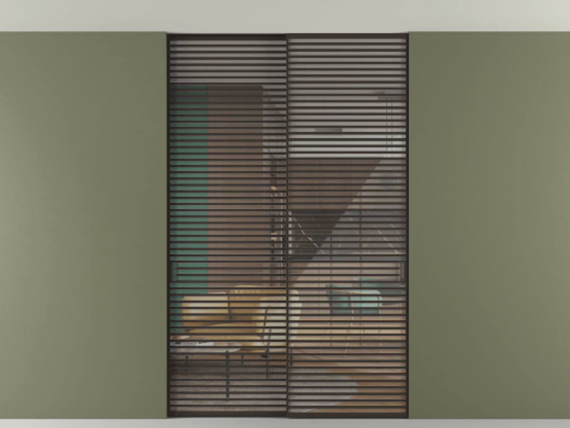 Перегородка Формато внутри проёма скрытое крепление в потолок 2 створки АЛПР 040.07 Алюминий антрацит Рефлективное прозрачное стекло "Стопсол", калёное Цена 27860 Br | Volhovec