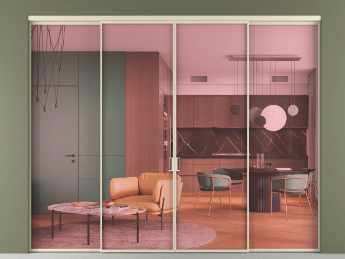 Перегородка Formato внутри проёма 4 створки АЛПР 040.01 Алюминий бежево-серый Прозрачное розовое стекло, триплекс Цена 20100 Br  | Volhovec