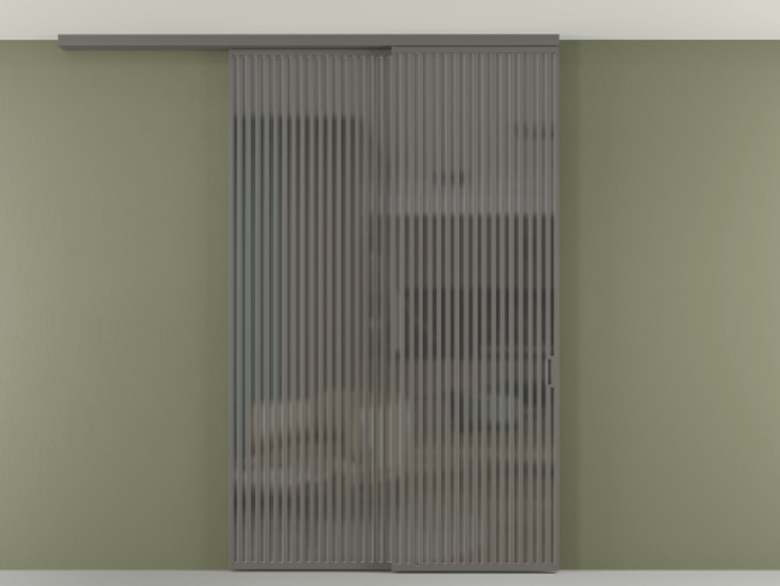 Перегородка Formato вдоль стены на потолок 2 створки с синхронным механизмом АЛПР 040.06 Алюминий классический серый Сатинированное серое стекло, триплекс Цена 23070 Br | Volhovec