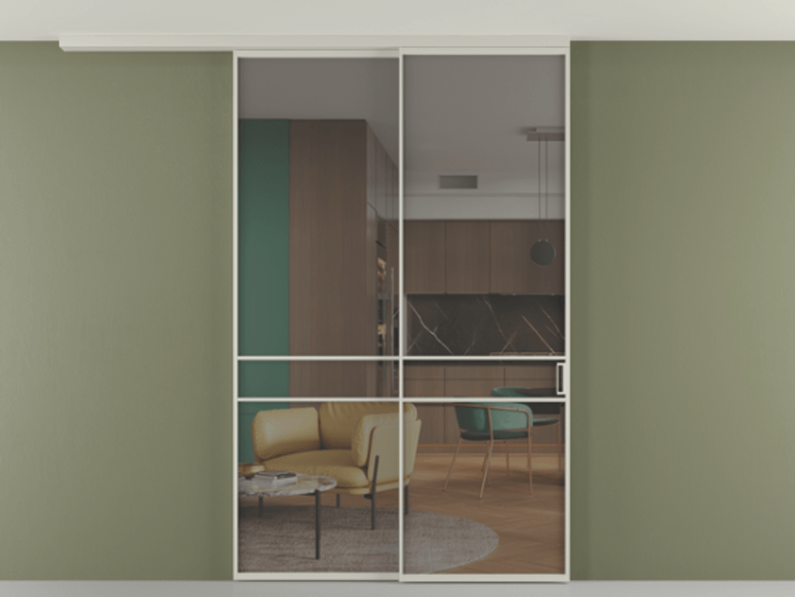 Перегородка Формато вдоль стены на потолок 2 створки с синхронным механизмом АЛПР 040.02 Алюминий тёплый серый Прозрачное серое стекло, триплекс Цена 16630 Br | Volhovec