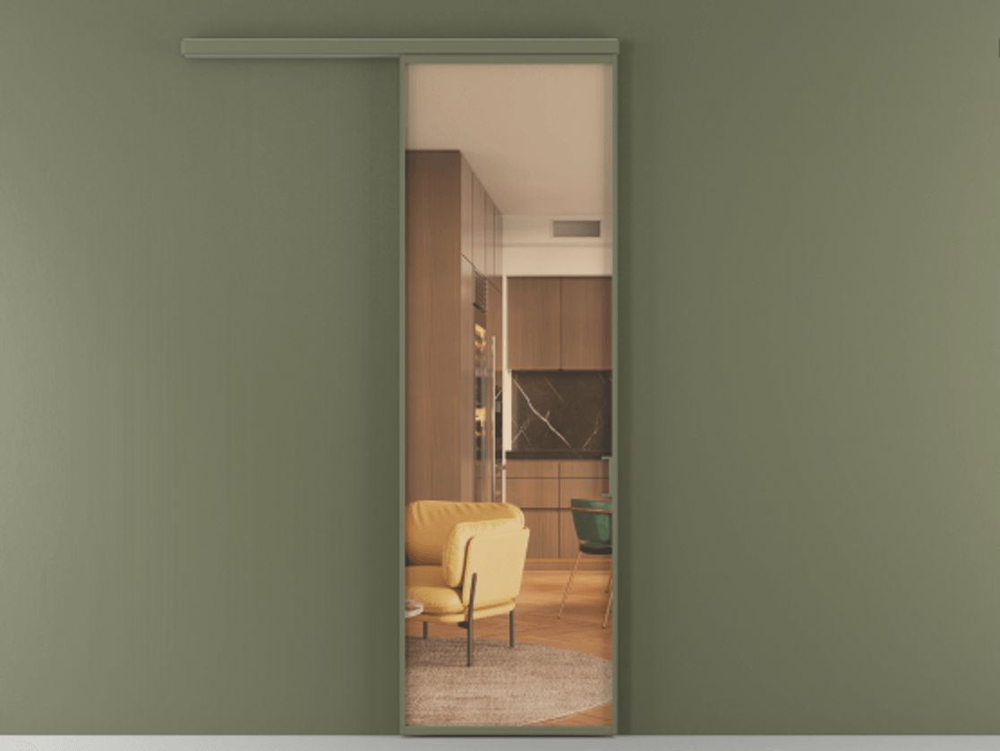 Перегородка Формато вдоль стены 1 створка АЛПР 040.01 Алюминий оливковый тёмный Прозрачное оранжевое стекло, триплекс Цена 5400 Br  | Volhovec