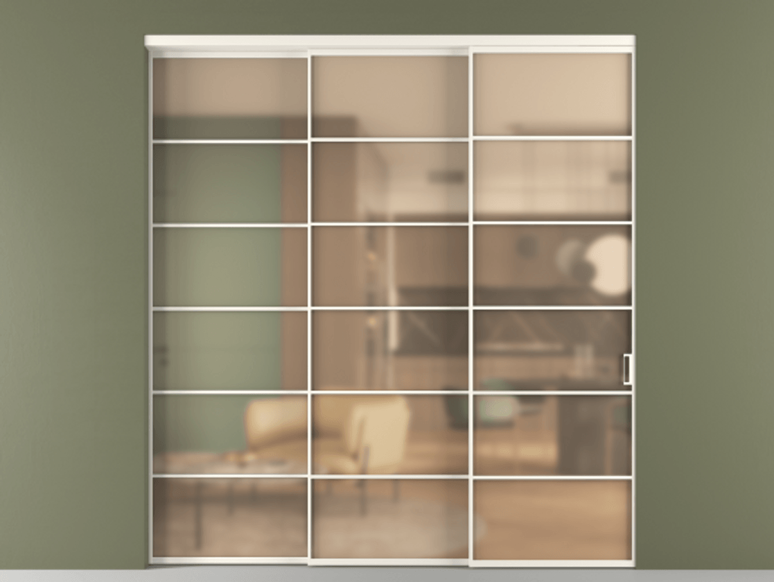 Перегородка Formato внутри проёма 3 створки с синхронным механизмом АЛПР 040.04 Алюминий пудровый белый Сатинированное оранжевое стекло, триплекс Цена 19400 Br  | Volhovec