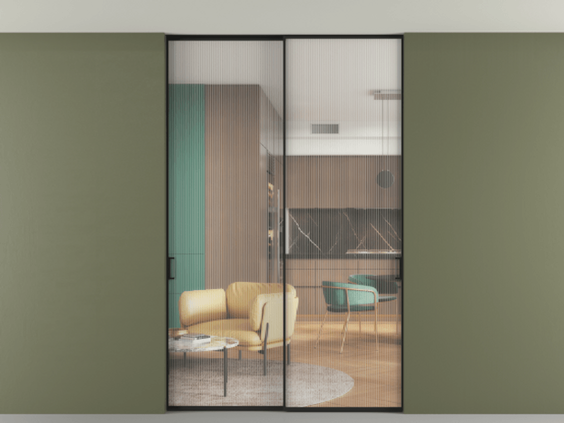 Перегородка Формато внутри проёма скрытое крепление в потолок 2 створки АЛПР 040.01 Алюминий Черный Рифлёное стекло "Мору", триплекс Цена 13140 Br | Volhovec