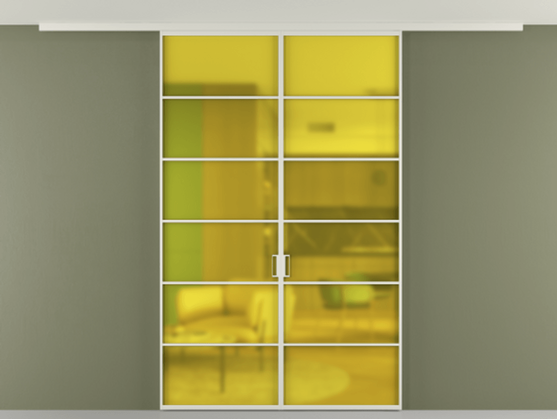 Перегородка Формато вдоль стены на потолок 2 створки АЛПР 040.04 Алюминий Белый Сатинированное жёлтое стекло, триплекс Цена 10300 Br | Volhovec