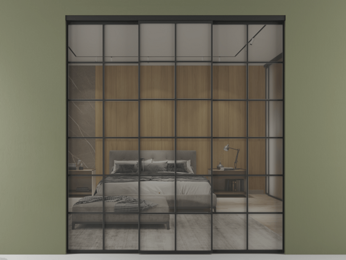 Перегородка Formato внутри проёма 3 створки АЛПР 040.05 Алюминий Черный Рефлективное серое стекло "Stopsol", калёное Цена 17530 Br | Volhovec