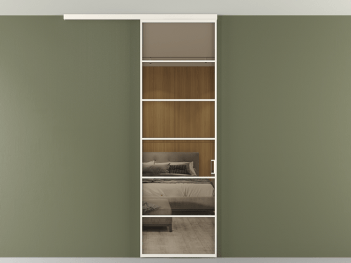 Перегородка Формато вдоль стены на потолок 1 створка АЛПР 040.04 Алюминий пудровый белый Рефлективное бронзовое стекло "Стопсол", калёное Цена 7170 Br | Volhovec