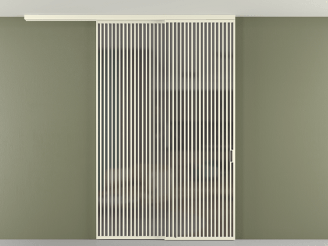 Перегородка Formato вдоль стены на потолок 2 створки с синхронным механизмом АЛПР 040.06 Алюминий молочно-белый Сатинированное серое стекло, триплекс Цена 23070 Br | Volhovec