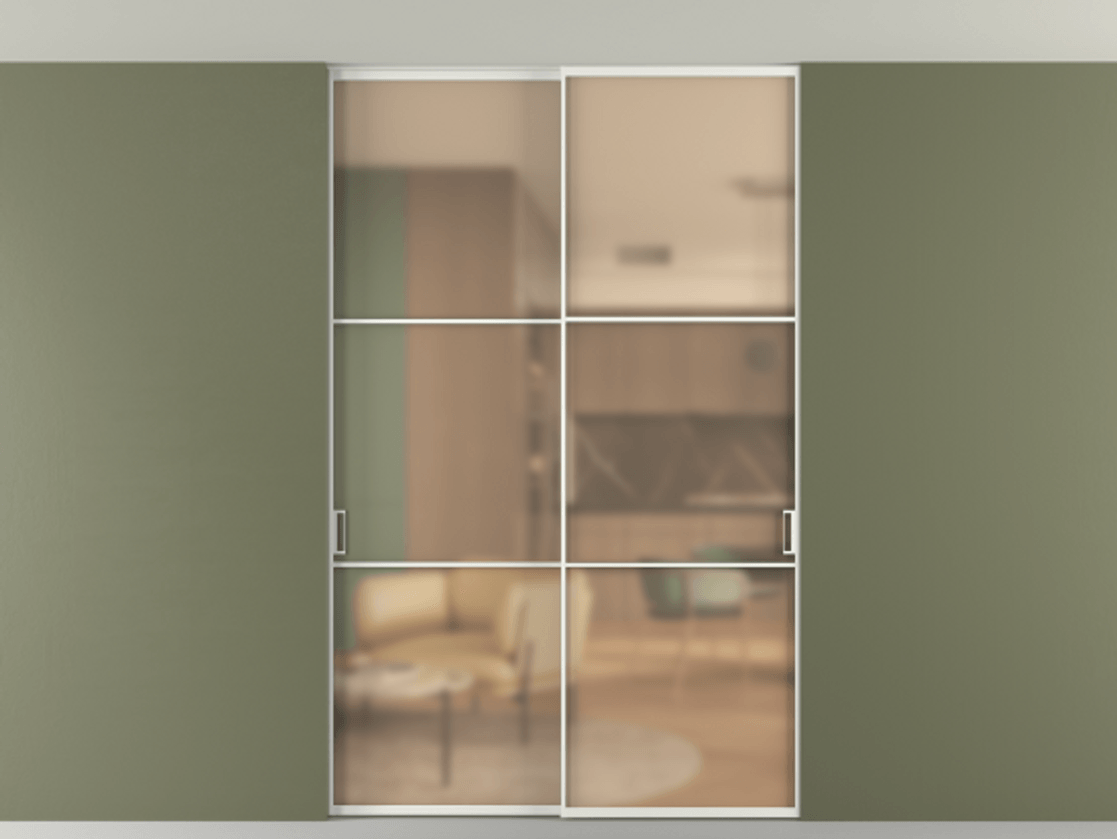 Перегородка Формато внутри проёма скрытое крепление в потолок 2 створки АЛПР 040.03 Алюминий светло-серый Сатинированное оранжевое стекло, триплекс Цена 13300 Br | Volhovec