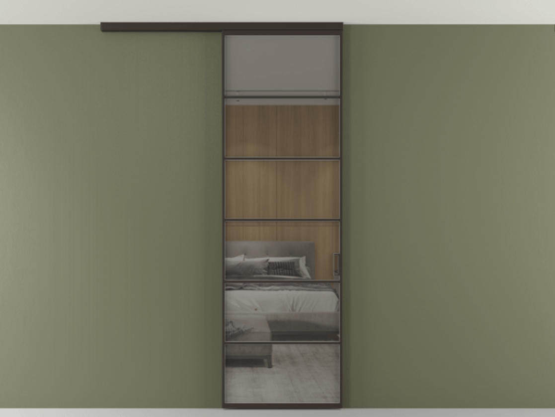 Перегородка Formato вдоль стены на потолок 1 створка АЛПР 040.04 Алюминий антрацит Рефлективное серое стекло "Стопсол", калёное Цена 7170 Br | Volhovec