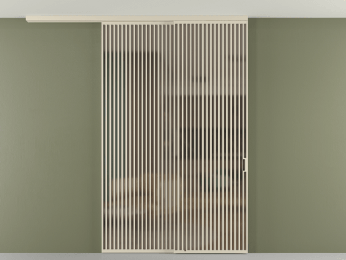 Перегородка Формато вдоль стены на потолок 2 створки с синхронным механизмом АЛПР 040.06 Алюминий бежево-серый Сатинированное бронзовое стекло, триплекс Цена 28160 Br | Volhovec