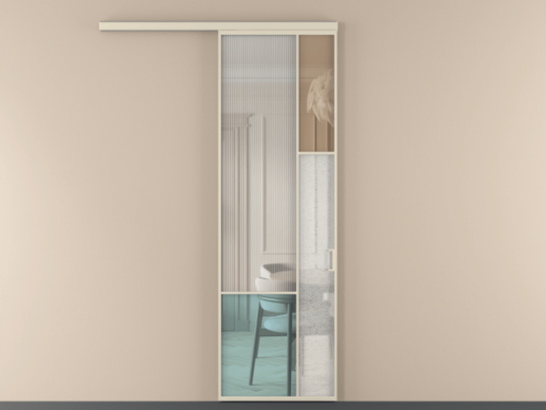 Перегородка Mosaic вдоль стены одностворчатая АЛПР 041.12 Алюминий бежево-серый Комбинация стекол Группы 1 и Группы 3 Цена 7600 Br | Volhovec