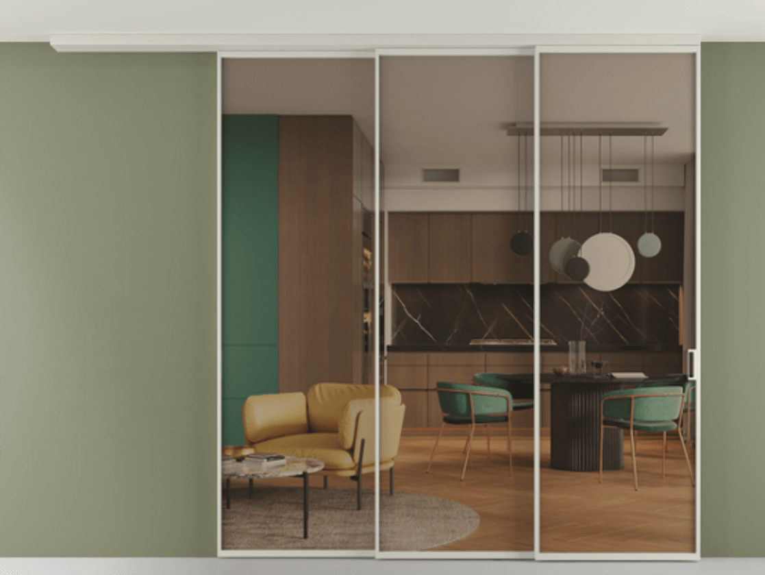 Перегородка Formato вдоль стены на потолок 3 створки с синхронным механизмом АЛПР 040.01 Алюминий тёплый серый Прозрачное бронзовое стекло, триплекс Цена 19820 Br | Volhovec