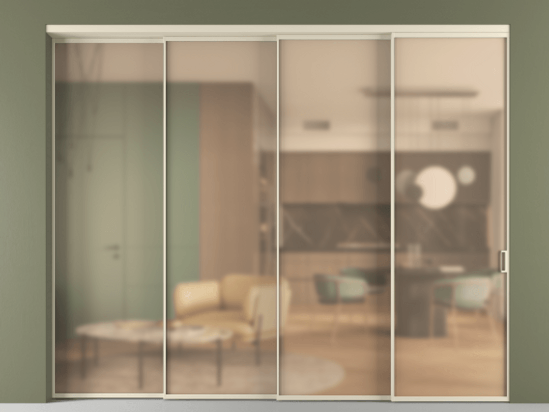 Перегородка Формато внутри проёма 4 створки с синхронным механизмом АЛПР 040.01 Алюминий бежево-серый Сатинированное оранжевое стекло, триплекс. Цена 23100 Br 1. Полотно 4 шт. (800/2100 мм)
2. Комплект установки раздвижной системы
3. Базовый комплект фурнитуры
4. Комплект фурнитуры телескопик синхро-3
5. Ручка RONDO
. Фабрика дверей Волховец 8 (800) 551 43 19 Перегородка Формато внутри проёма 4 створки с синхронным механизмом АЛПР 040.01 Алюминий бежево-серый Сатинированное оранжевое стекло, триплекс Цена 23100 Br | Volhovec