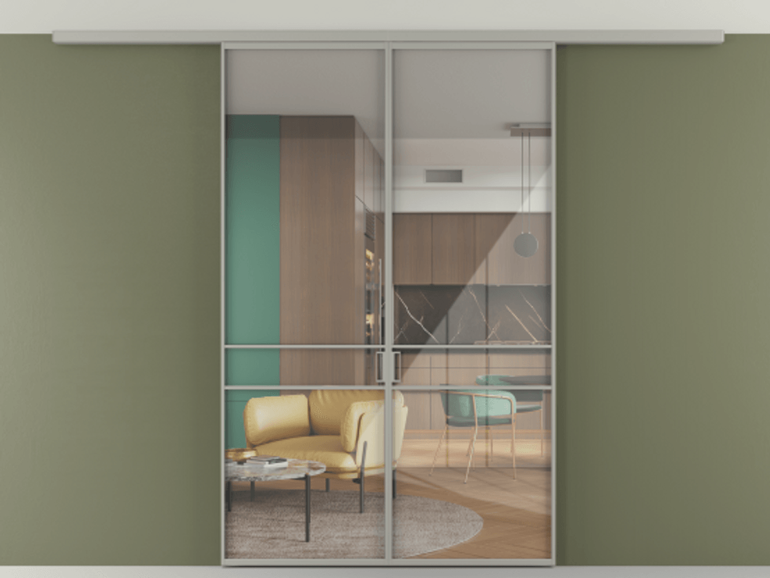 Перегородка Формато вдоль стены на потолок 2 створки АЛПР 040.02 Алюминий нейтральный серый Рефлективное прозрачное стекло "Стопсол", калёное Цена 13040 Br | Volhovec