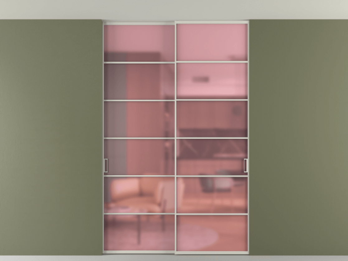 Перегородка Формато внутри проёма скрытое крепление в потолок 2 створки АЛПР 040.04 Алюминий тёплый серый Сатинированное розовое стекло, триплекс Цена 14000 Br | Volhovec