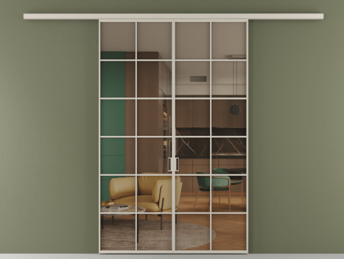 Перегородка Формато вдоль стены 2 створки АЛПР 040.05 Алюминий светло-бежевый Прозрачное бронзовое стекло, триплекс Цена 11080 Br | Volhovec