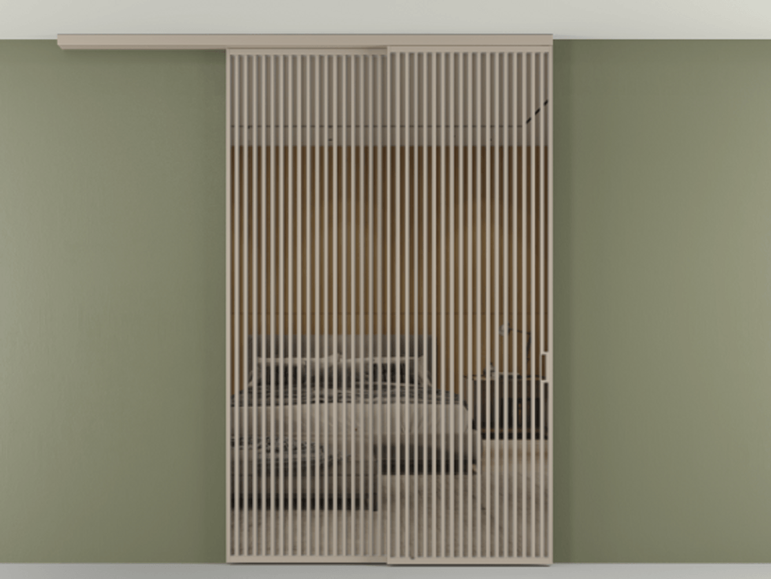 Перегородка Formato вдоль стены на потолок 2 створки с синхронным механизмом АЛПР 040.06 Алюминий бисквитный Рефлективное бронзовое стекло "Stopsol", калёное Цена 29010 Br | Volhovec