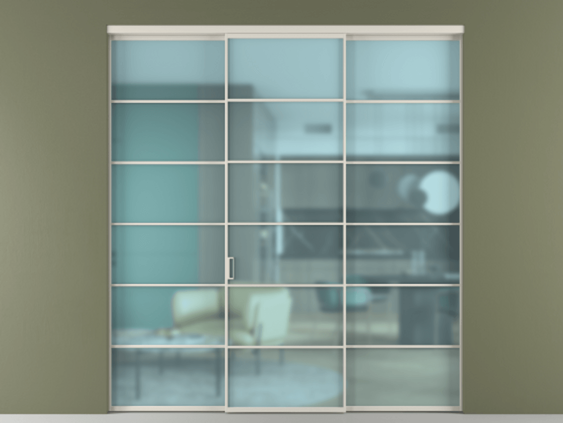 Перегородка Formato внутри проёма 3 створки АЛПР 040.04 Алюминий облачно-серый Сатинированное голубое стекло, триплекс Цена 13600 Br | Volhovec