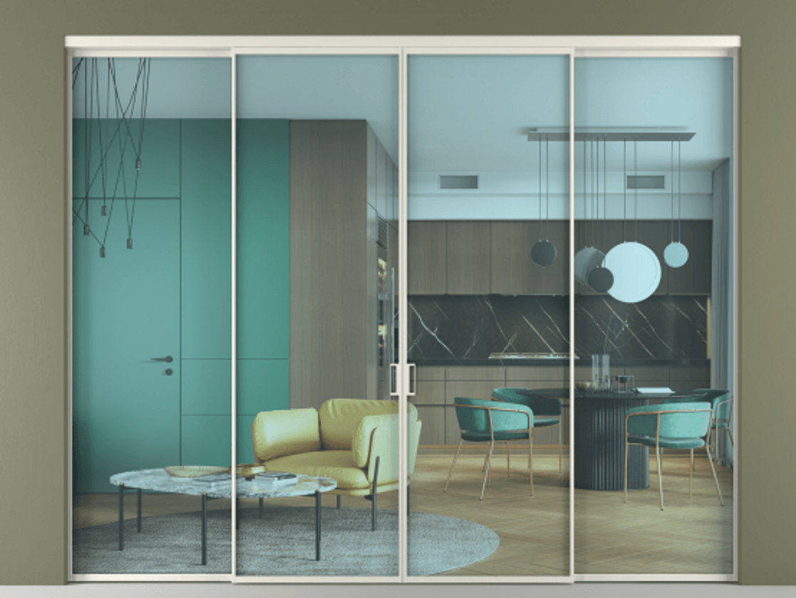 Перегородка Формато внутри проёма 4 створки АЛПР 040.01 Алюминий Белый Прозрачное голубое стекло, триплекс Цена 16400 Br  | Volhovec