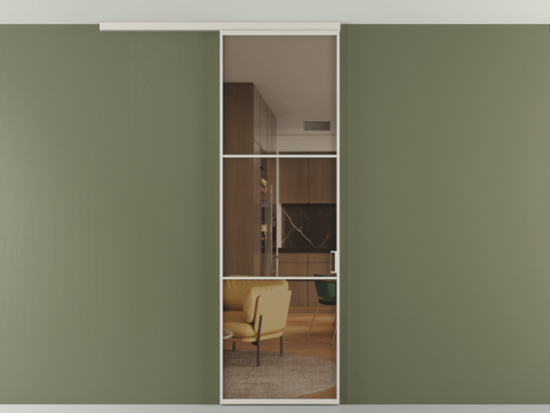 Перегородка Formato вдоль стены на потолок 1 створка АЛПР 040.03 Алюминий облачно-серый Прозрачное бронзовое стекло, триплекс Цена 5180 Br | Volhovec