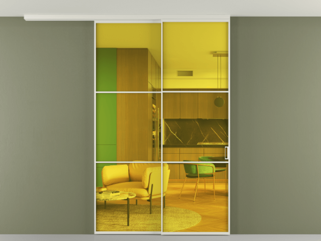 Перегородка Formato вдоль стены на потолок 2 створки с синхронным механизмом АЛПР 040.03 Алюминий Белый Прозрачное жёлтое стекло, триплекс Цена 14100 Br | Volhovec