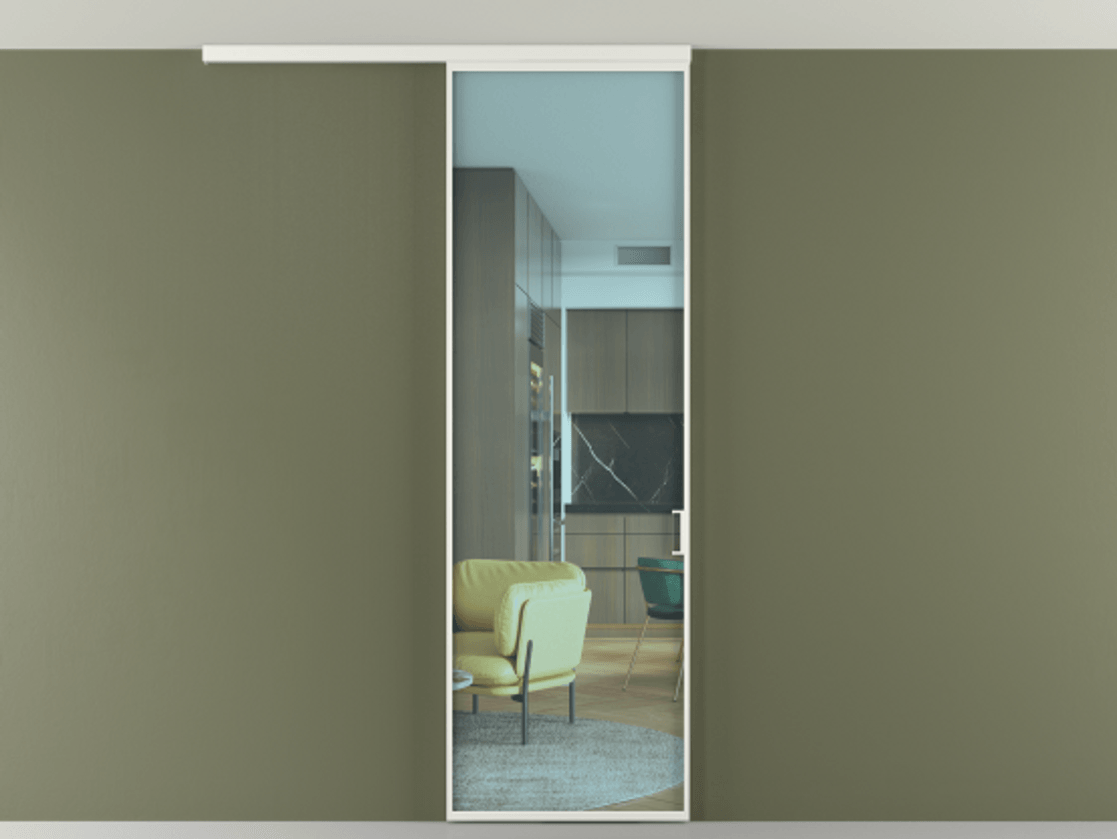 Перегородка Формато вдоль стены на потолок 1 створка АЛПР 040.01 Алюминий светло-серый Прозрачное голубое стекло, триплекс Цена 4900 Br | Volhovec