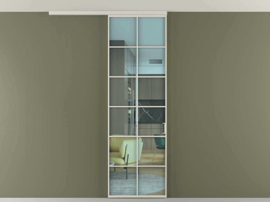 Перегородка Формато вдоль стены на потолок 1 створка АЛПР 040.05 Алюминий облачно-серый Прозрачное голубое стекло, триплекс Цена 5500 Br | Volhovec