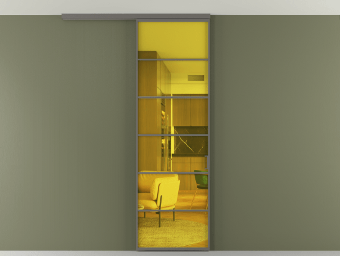 Перегородка Формато вдоль стены на потолок 1 створка АЛПР 040.04 Алюминий классический серый Прозрачное жёлтое стекло, триплекс Цена 5500 Br | Volhovec